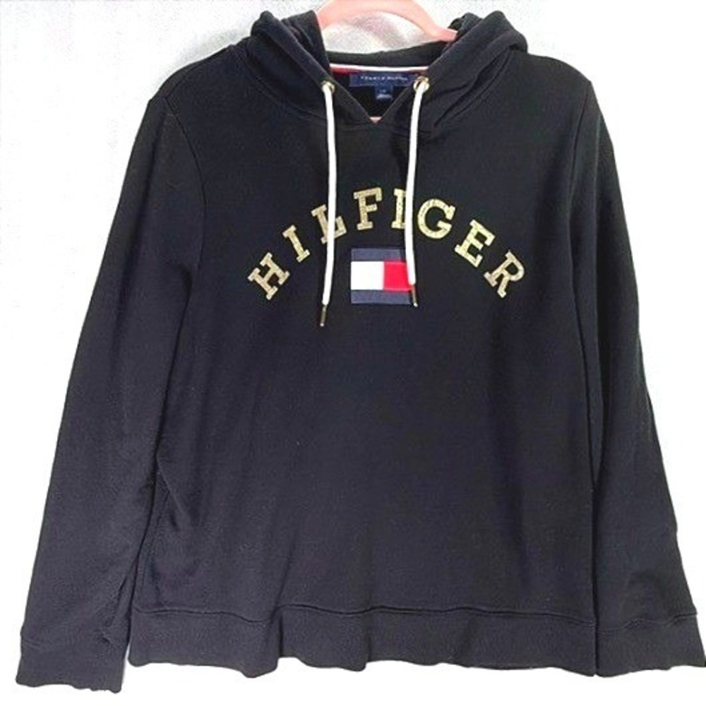 Tommy Hilfiger Hoodie Women L Black Gold Foil Arch Logo Pullover Sweatshirt